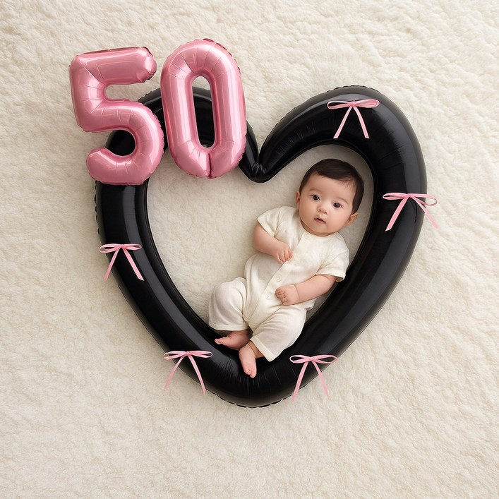 해피제이니 50일 100일 대형 하트풍선 완성리본 세트, 1세트, 블랙하트 숫자50