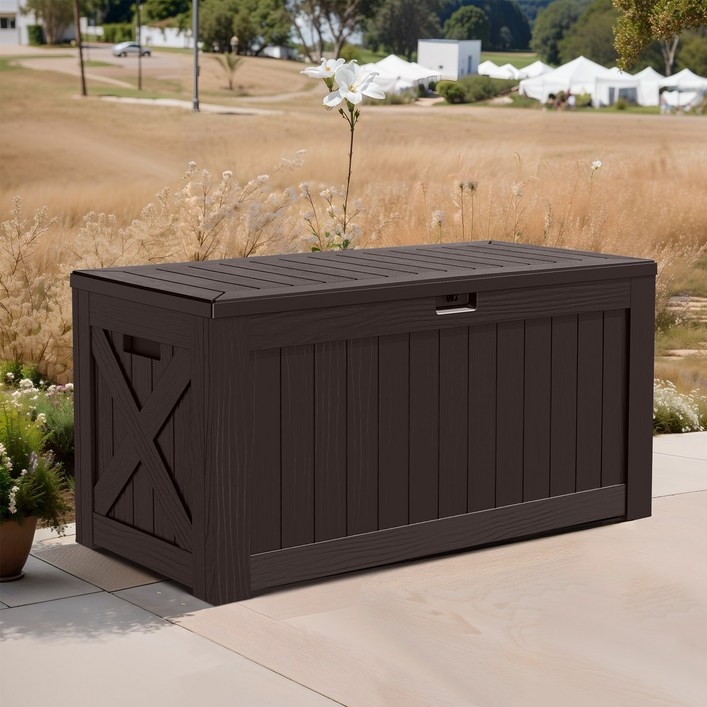 Homall 호몰 아웃도어 실내 데크박스 수납벤치 플라스틱 다용도 정원정리 야외보관함 캠핑수납 450L, 1개, 브라운