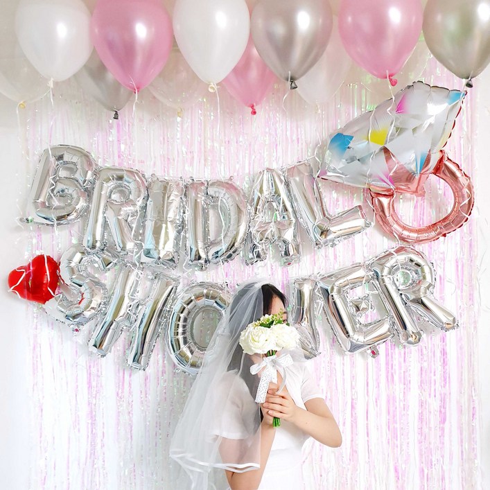 파티온 브라이덜샤워 파티커튼세트, 이니셜(골드)+파티커튼(로즈골드)+반지풍선(골드)