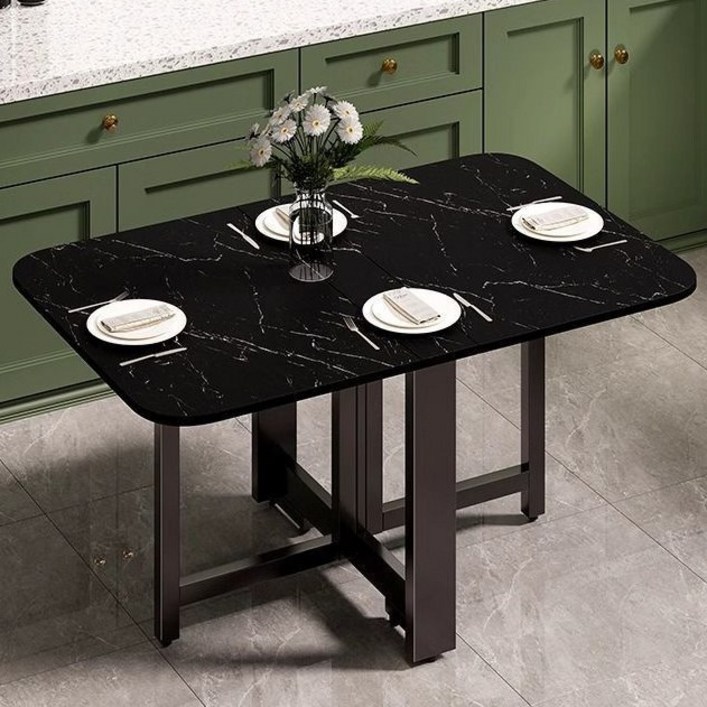 오아루 접이식 확장형 주방 식탁 테이블, 2인용, 마블 블랙블랙 프레임