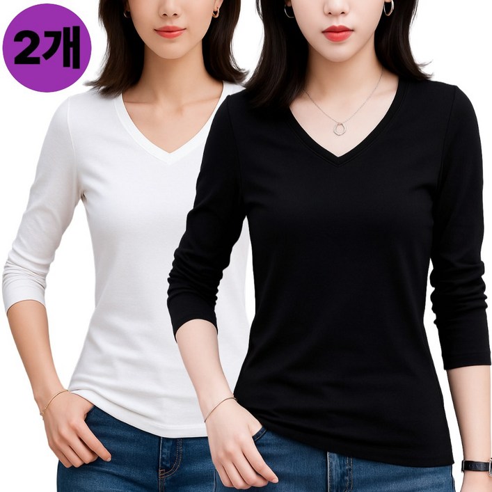 1+1 여성 브이넥 긴팔 티셔츠 이너