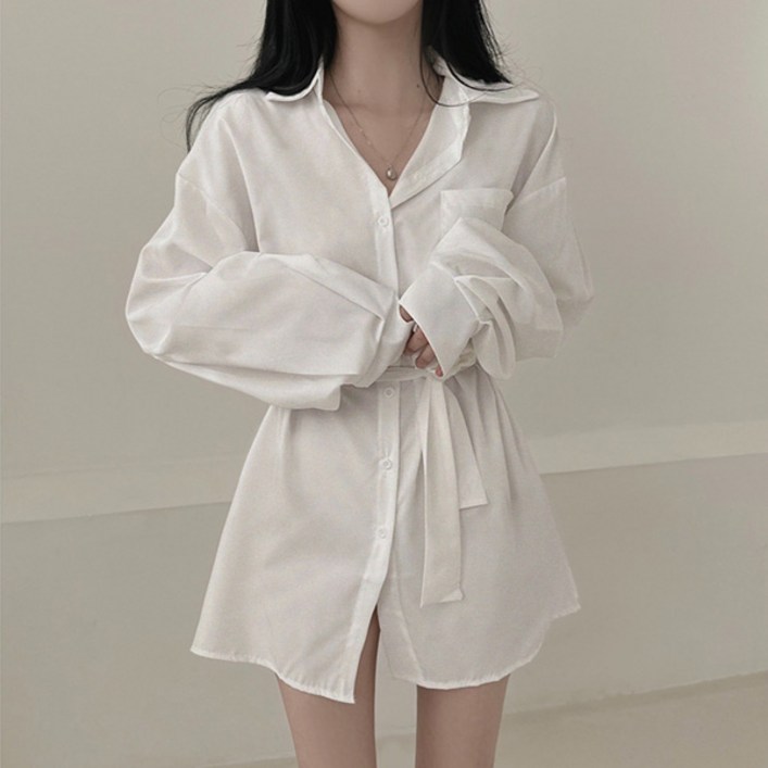 라라홀리 루즈 오버핏 허리 스트링 긴팔 원피스 셔츠