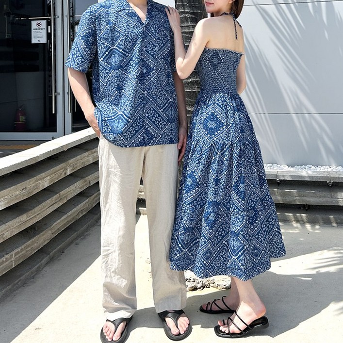 여리진 여성용 여름 페이즐리 홀터넥 원피스 카라 반팔셔츠 커플룩 바캉스룩 시밀러 롱원피스 남녀개별구매 신혼여행 룩
