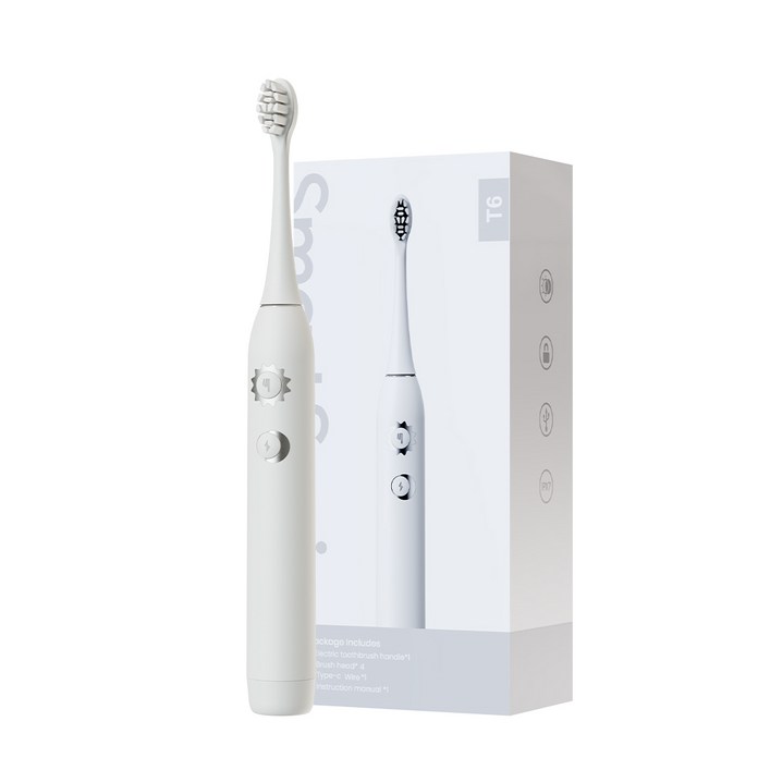 SmartSonic T6 음파 전동칫솔  칫솔모 4개 이중 모드 아침저녁 사용, 1개, 화이트, T6