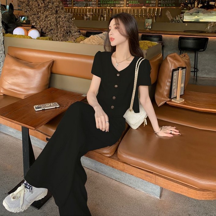 프렌치 여자 하객룩 세트 빅사이즈 브이넥 반팔 자켓  와이드 팬츠 여름 여성 트위드 투피스 세트 YSQ