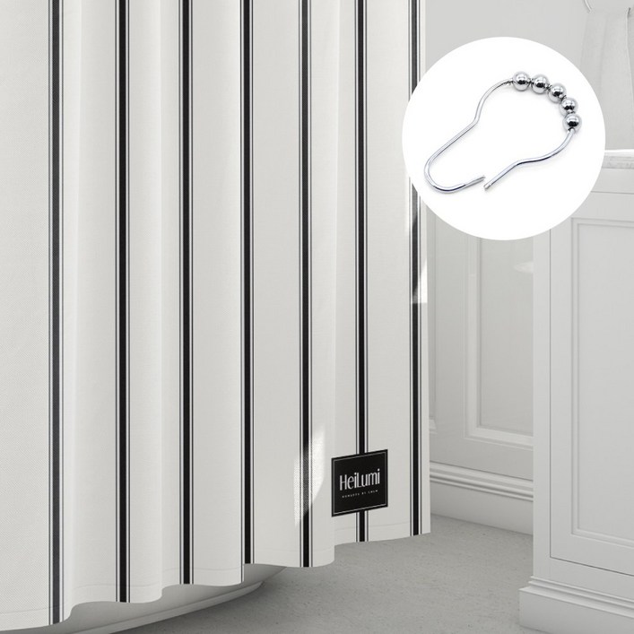 프리미엄 패브릭 방수 샤워 커튼  스텐 커튼 링 12p, 1개, 블랙 스트라이프