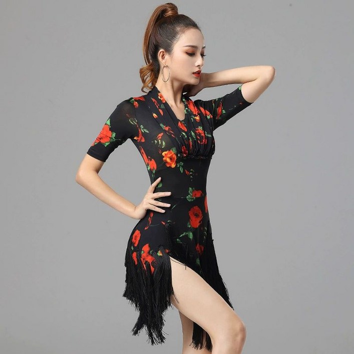 YS댄스 라틴댄스 드레스 여성 라인 댄스복 차차차 원피스 태슬 꽃무늬 연습 공연 의상