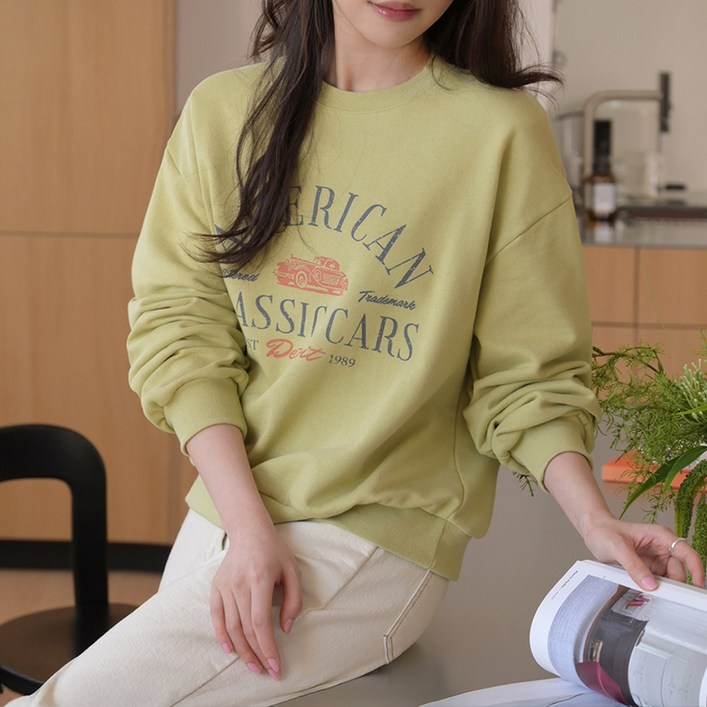 데일리앤 다이얼 오버핏 라운드넥 긴팔 빈티지 프린팅 맨투맨 여성 면 티셔츠