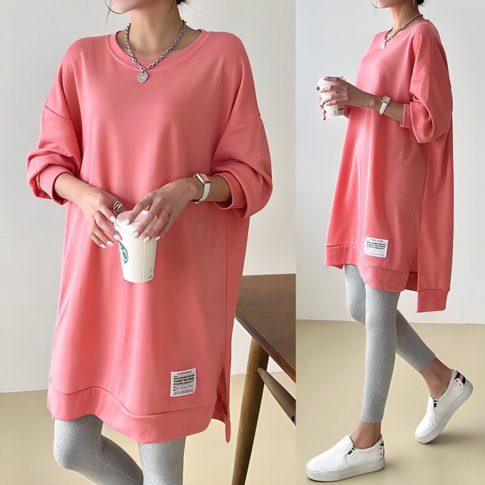 워시 라벨 트임 롱 맨투맨 빅사이즈 여성용 오버핏 롱티 무지티 라벨포인트 긴팔 라운드 데일리룩 레깅스코디 봄 가을 신상