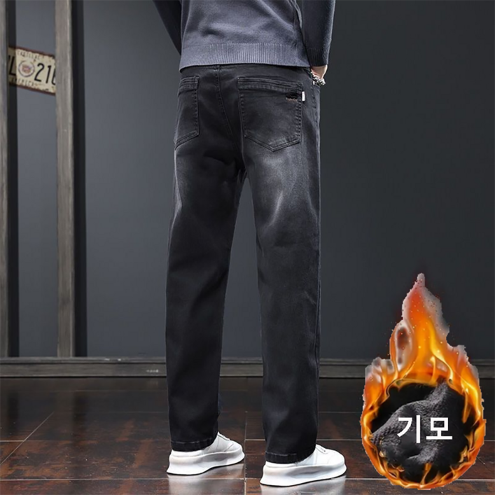 지고다그 남성용 가을겨울용 기모 데님 팬츠 여유핏 일자 청바지 따뜻한 캐주얼 청바지 YY32996