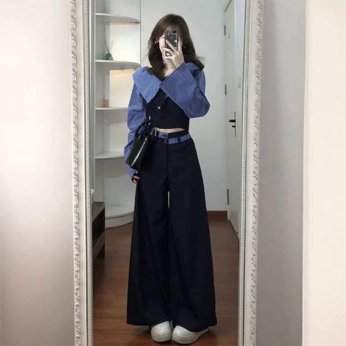 ZAJA 여성 슬랙스 투피스  조임 긴팔 스트라이프 패치워크 캐주얼 셔츠바지 세트