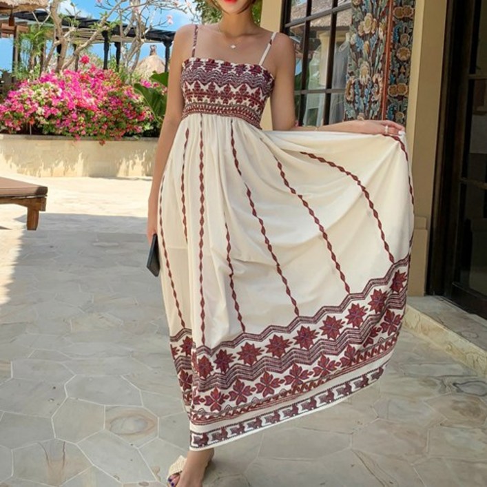 비키비키 할리아 여성 원피스 비치 롱 끈 에스닉 밴딩 체형커버 빅사이즈 비치웨어