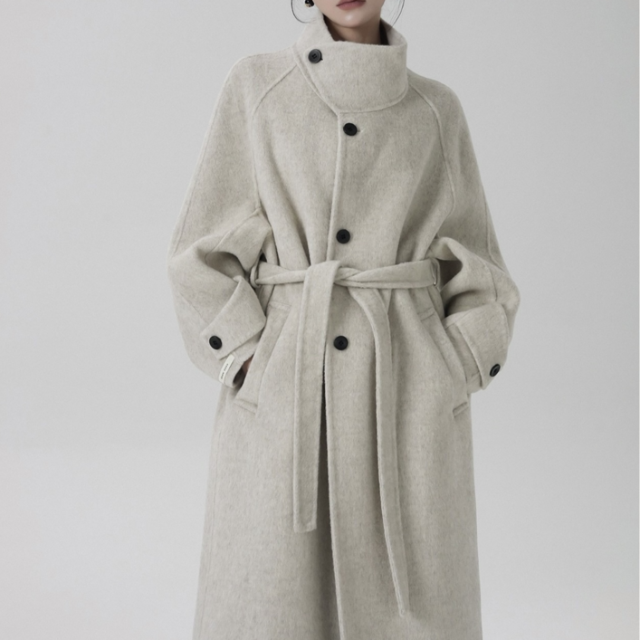 유니크코코 핸드메이드 하이넥 루즈핏 울 100 롱 코트 ot5821