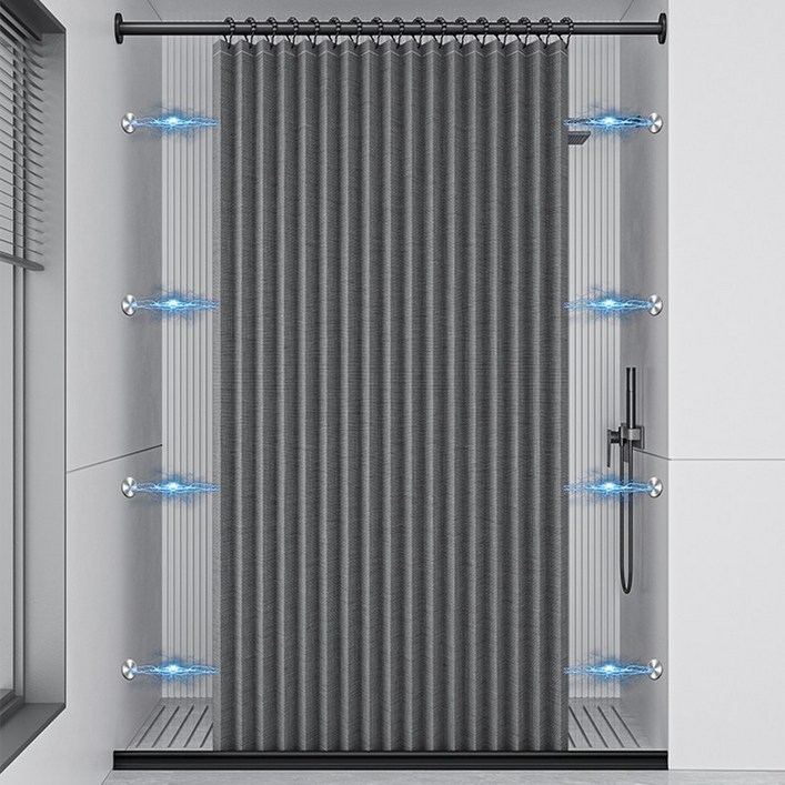 Alemon 자동접힘 욕실샤워커튼+ 양쪽 초강력 자석 방수 건습분리, 블랙 * 150*200cm * 1세트, 1개