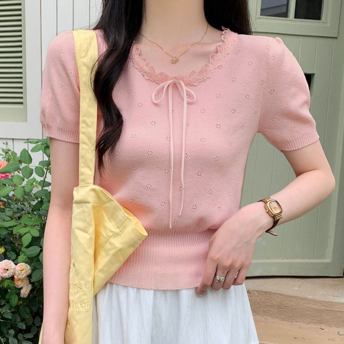 cammello 펀칭 포인트 레이스 넥 반팔 니트티 파스텔 반소매 티셔츠