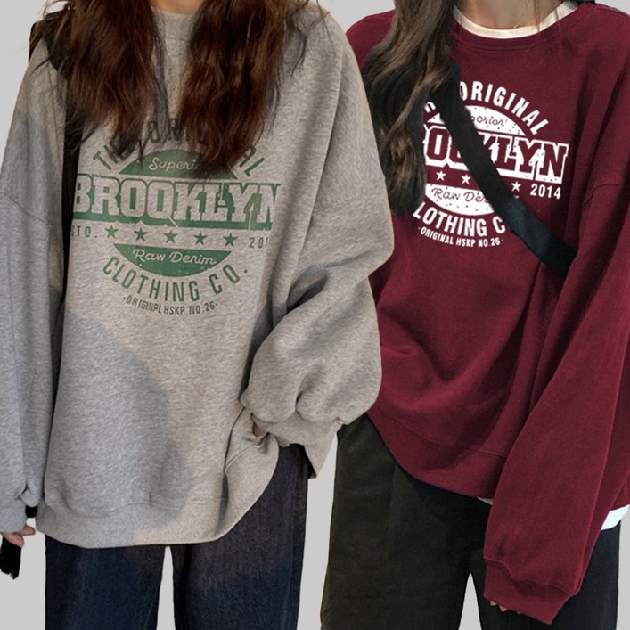11 빅사이즈 얇은 기본 레터링 프린팅 오버핏 루즈핏 브루클린 레깅스 찰떡 여성 여자 라운드넥 긴팔 티셔츠 맨투맨 브루클린베이직맨투맨