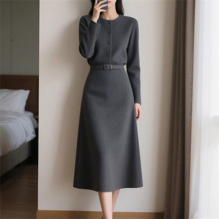 AOKADA 여성 가을 겨울 슬림핏 결혼식 하객룩 오피스룩 정장 플레어 롱 원피스