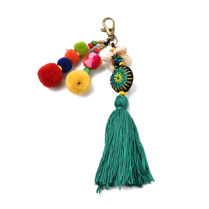 보헤미안 에스닉 스타일 폼폼 볼 태슬 펜던트 장식 합금 스위벨 클래스프 행잉 오너먼트 컬러풀 20cm