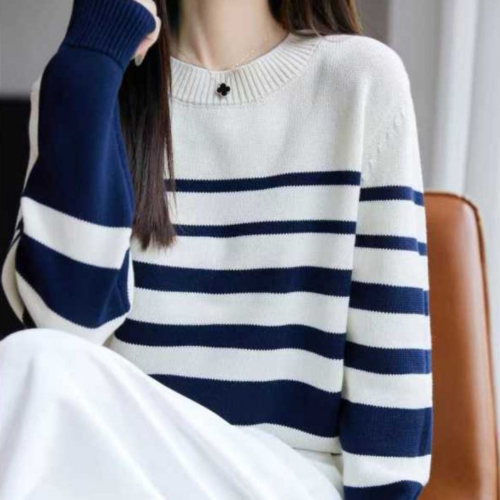 스트라이프 라운드넥 여성 긴팔 니트 줄무늬 오피스 캐주얼 심플 봄 가을 니트티 스웨터