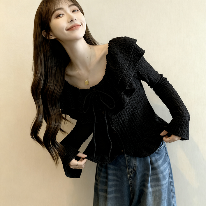 프렌치 로맨틱 초가을 리본 프릴 블라우스  여성 루즈핏 스트링 디자인 긴팔 탑