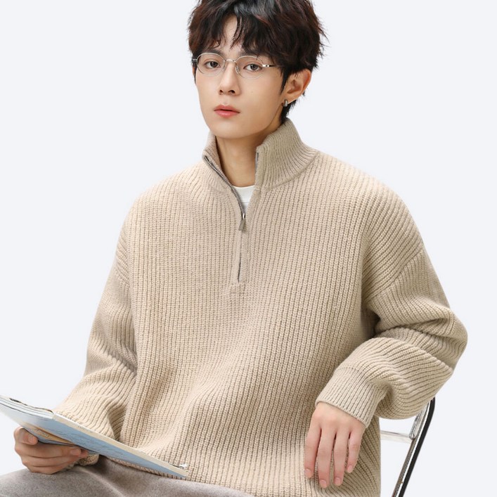 에치케이 남녀공용 빅사이즈 드롭숄더 하프집업 베이직 니트 티셔츠 가을 겨울 의류