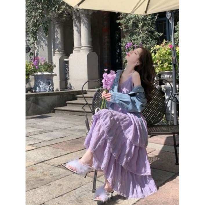 여신핏 레이스 프릴 러플 셔링 캉캉 뷔스티에 끈나시 여름 롱원피스 연보라 휴양지룩 휴가
