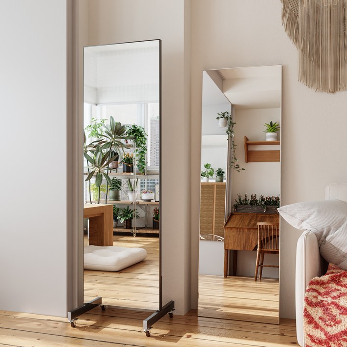 FitCleer 이동식 스탠드 전신거울 안전 필름 거울 소프트 미러 500 x 1600 mm, 블랙