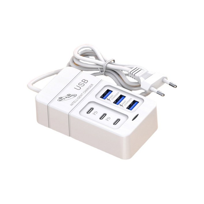6in1 서지 보호기 6 콘센트 확장기USB 3개 및 C형 포트 3개 포함 전원 스트립 멀티 플러그 콘센트 가정용 벽면 어댑터 간격