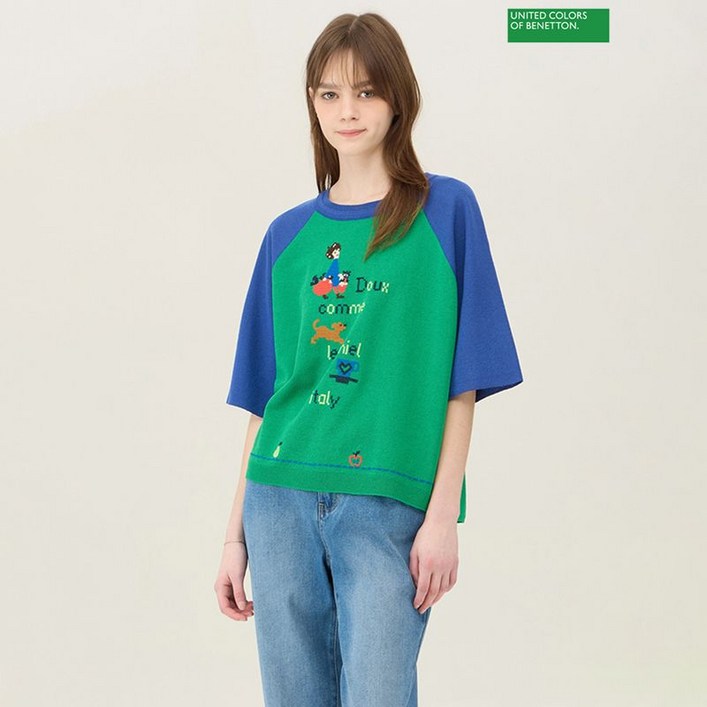 베네통 래글런 배색 자수 니트 BAKPA6631