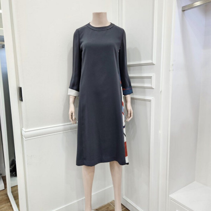 프렐린 파크랜드 여성복 라운드넥 프린트 주름 배색 원피스 RJO231010JJ