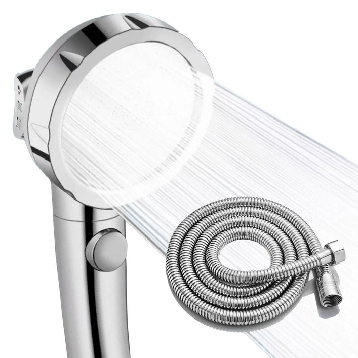 몬스터팜 욕실 교체용 수압상승 샤워기 헤드 샤워 호스 2m, 메탈릭실버, 1세트