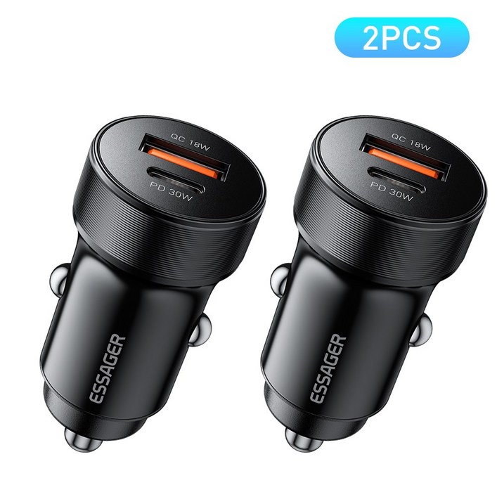 ESSAGER QC3.0 30W 듀얼 포트 C타입 차량용 고속 충전기, 블랙, 2개