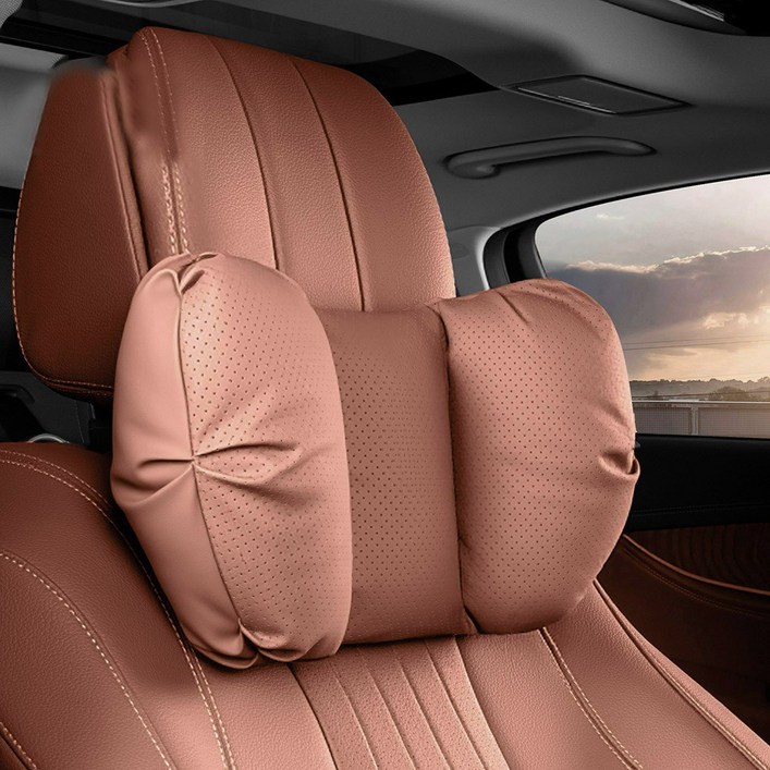지엠지모터스 차량용 목쿠션 자동차 목베개 헤드레스트 목받침 가죽 타공 탄탄, 목쿠션 브라운, 1개