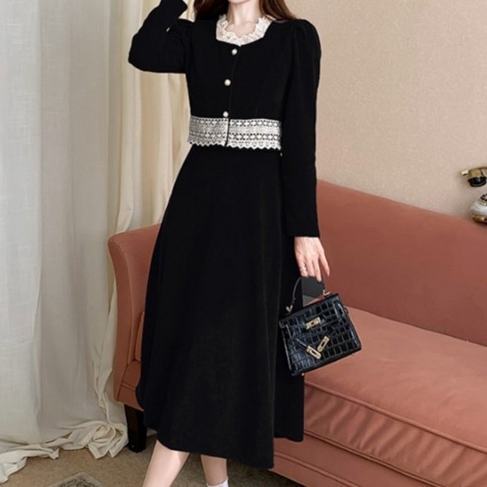 아이엠몽 여성 레이스 페미닌 롱 플레어 투피스