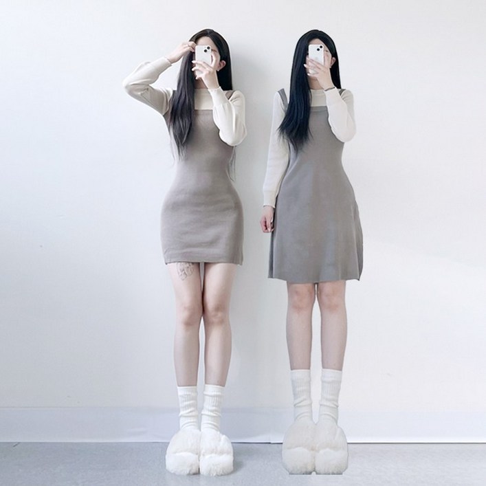 핑크버터 002224 [숏,롱/2컬러] 메리 골지 니트 원피스 레이어드 하객룩 데이트룩 가을 긴팔 미니스커트 나시 일체형 기장추가