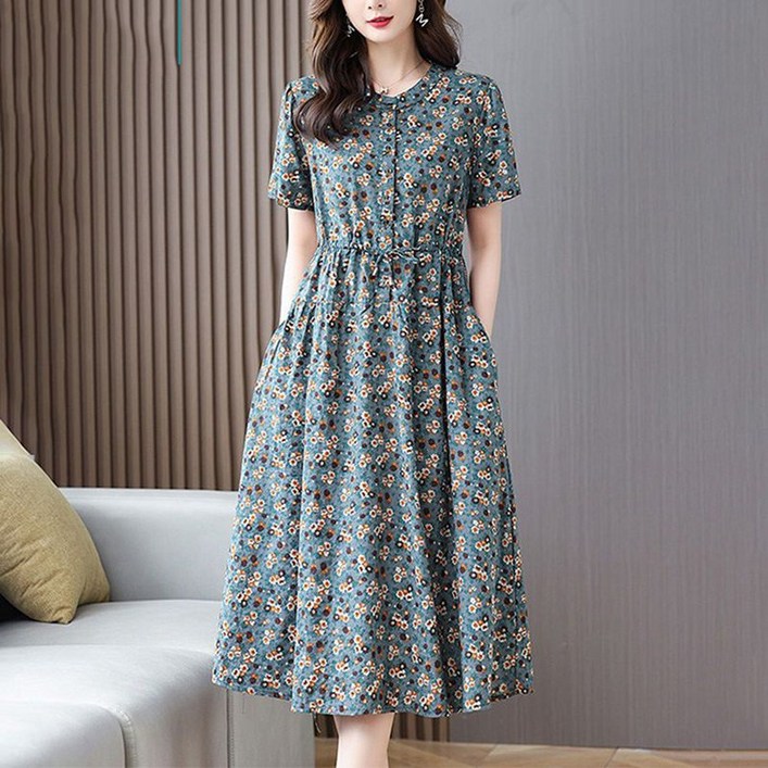 여성 여름 면마 꽃무늬 원피스 원피스 루즈핏 엄마옷 반팔 스커트