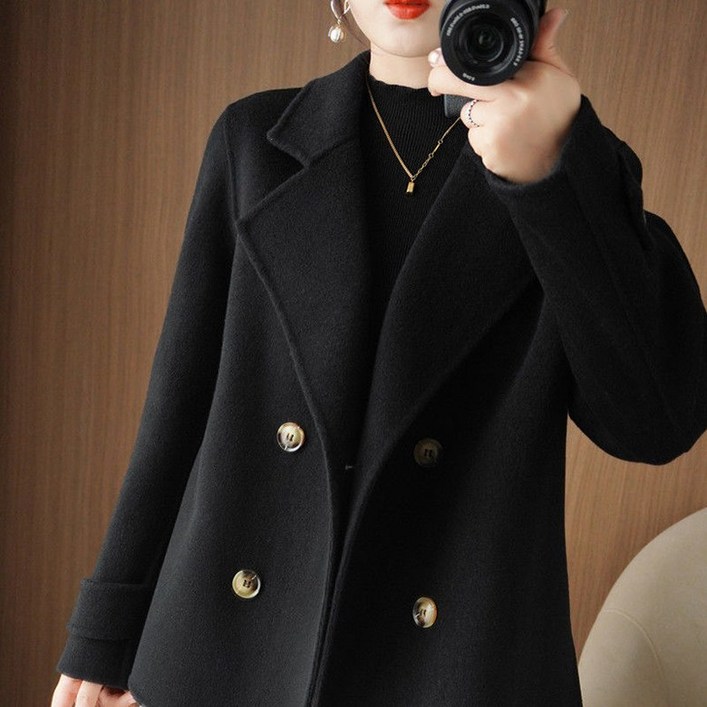 봄가을 여성용 모직 숏코트 루즈핏 심플 더블 버튼 크롭 트렌치코트 캐주얼 아웃도어