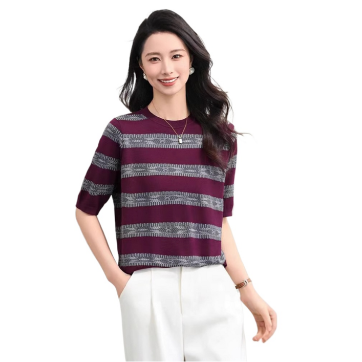 MC 여성 스트라이프 라운드넥 반팔 니트 티셔츠