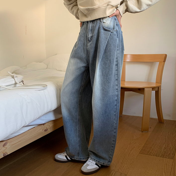 다올샵 여성 청바지 핀턱 와이드 벌룬핏 데님 팬츠 2단기장