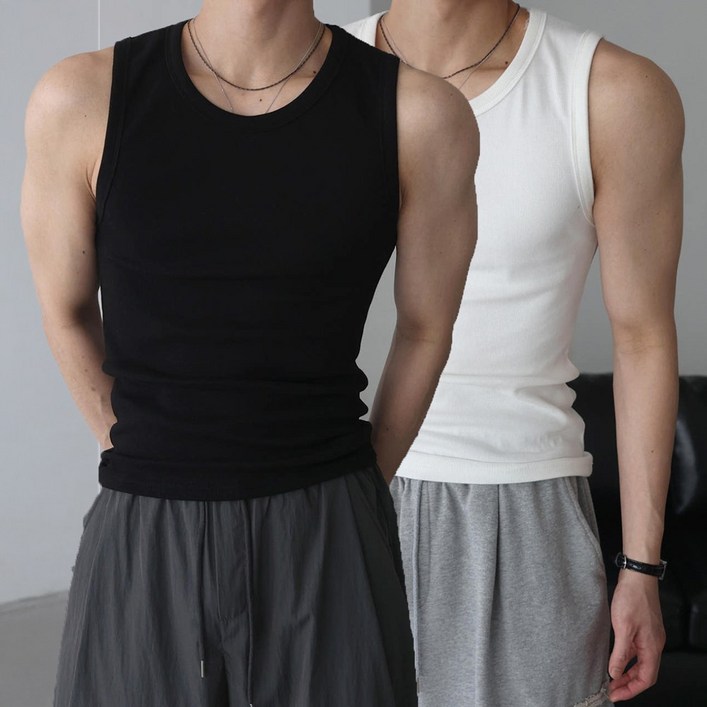 베이직바이블 [1+1]남자 골지 나시 민소매 고탄력 스판 머슬핏 짐웨어 탄탄한 티셔츠