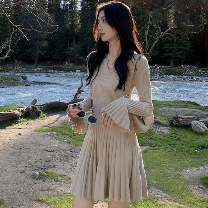 COSYEVNO 여성 니트 원피스 가을 브이넥 루즈핏 패션 스트라이프 주름 조임 스커트 lyjlyq-10