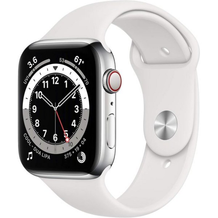 Apple Watch 시리즈 6(GPS + 셀룰러, 44mm) - 흰색 스포츠 밴드가 있는 실버 스테인리스 스틸 케이스(갱신)