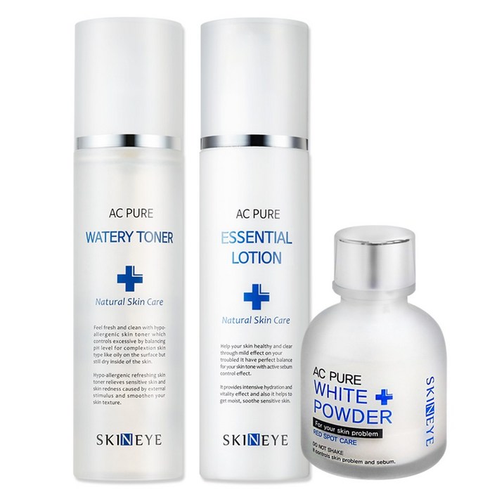 스킨아이 AC 퓨어 워터리 토너 + 에센셜 로션 화이트파우더 SET (여드름 기초 스킨케어 3종 SET), 1세트