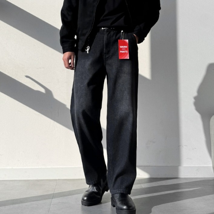 남자 빅사이즈 기모 겨울 본딩 샌드워싱 세미 와이드 뒷밴딩 청바지 데님 팬츠