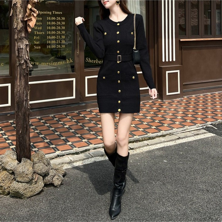 슬림핏 골지 니트 원피스  금장버튼 벨트 여성 미니원피스