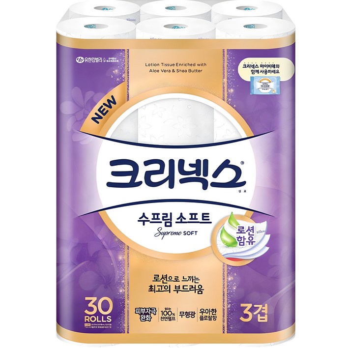 크리넥스 수프림소프트 천연펄프 3겹 롤화장지 30m, 30롤, 1개