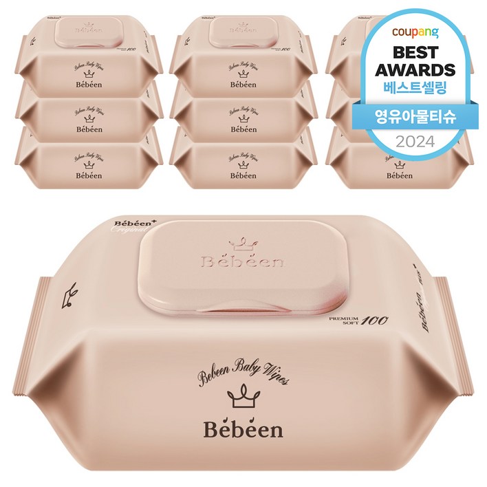 Bebeen 오리지널 플러스 아기물티슈 캡형, 55g, 100매, 10개