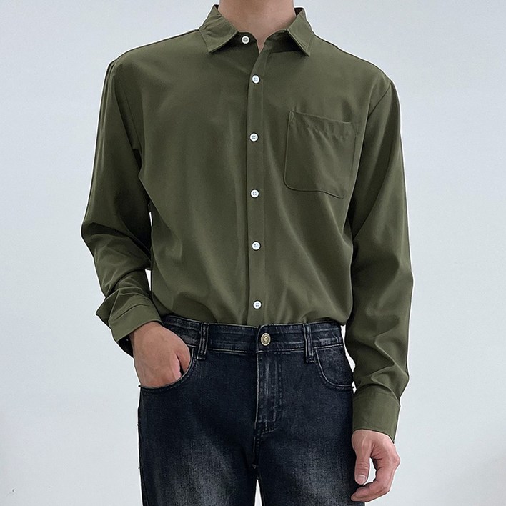디엘크리 남성용 루즈핏 빅사이즈 구김방지 사계절 긴팔 셔츠 올리브데올리브셔츠
