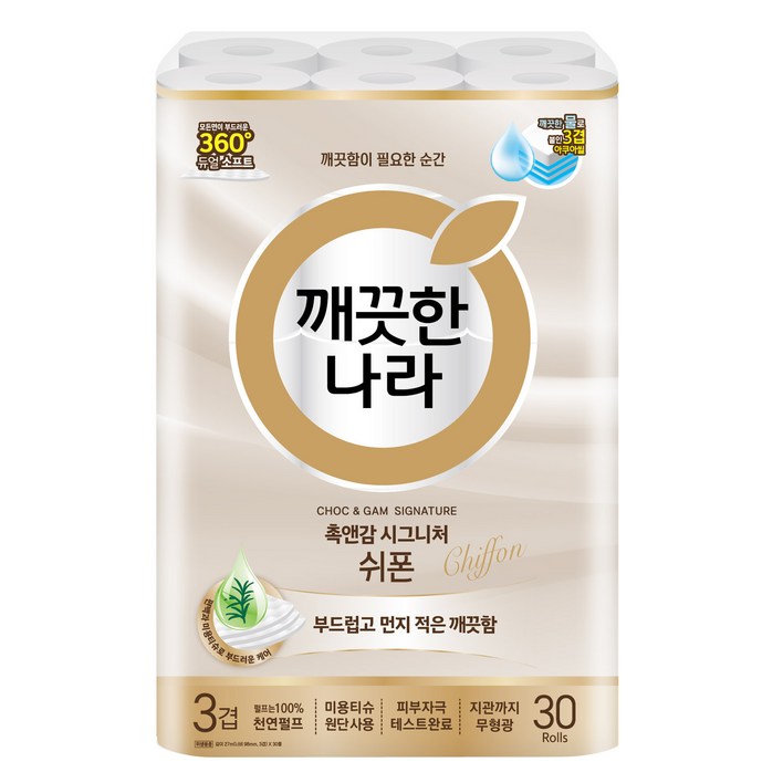 깨끗한나라 촉앤감 시그니처 쉬폰 천연펄프 3겹 고급롤화장지, 27m, 30개입, 1개 깨끗한나라 촉앤감 시그니처 쉬폰 천연펄프 3겹 고급롤화장지, 27m, 30개입, 1개