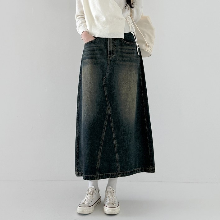 라라온 기본숏 기장 2단 빈티지 워싱 A라인 롱 데님 스커트 25TSP3373